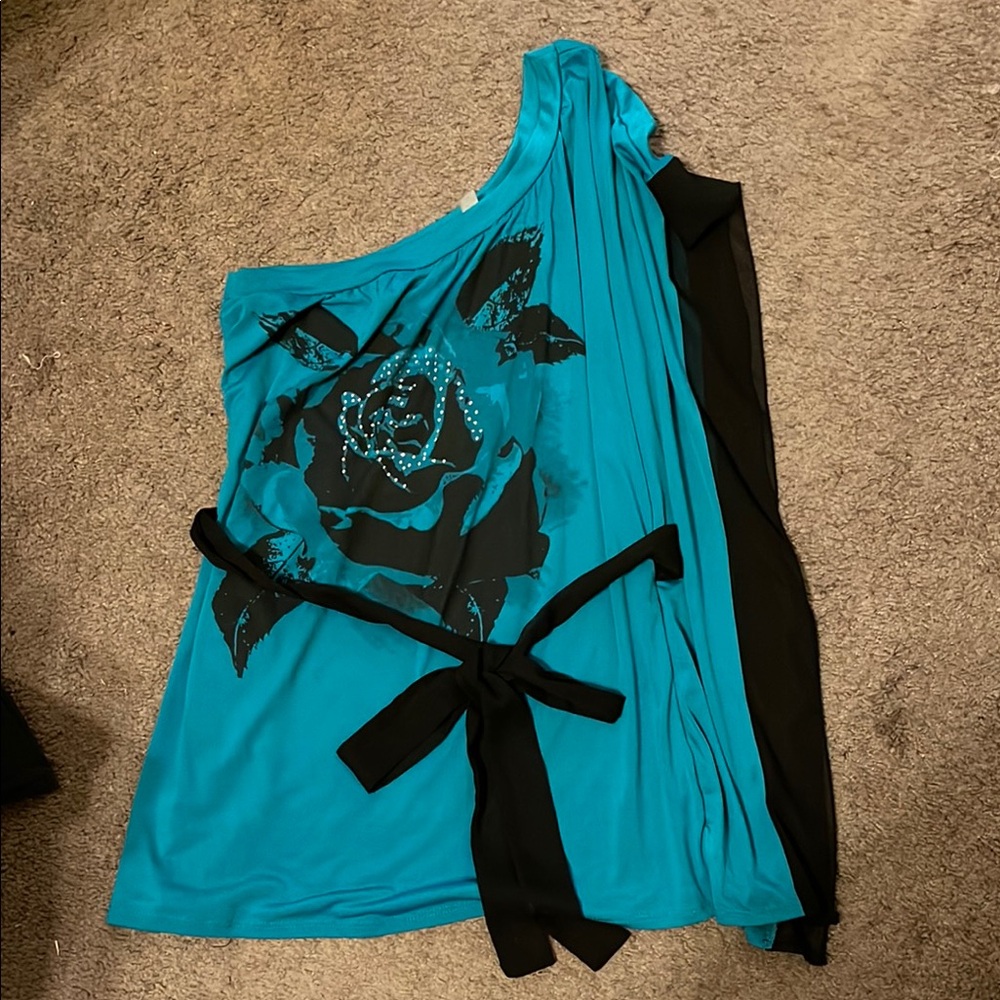 Teal and Black Off-Shoulder Blouse